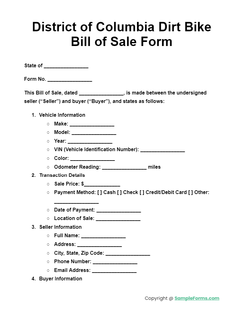 district of columbia dirt bike bill of sale form