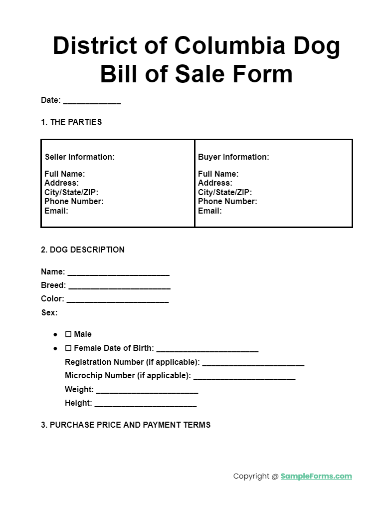 district of columbia dog bill of sale form