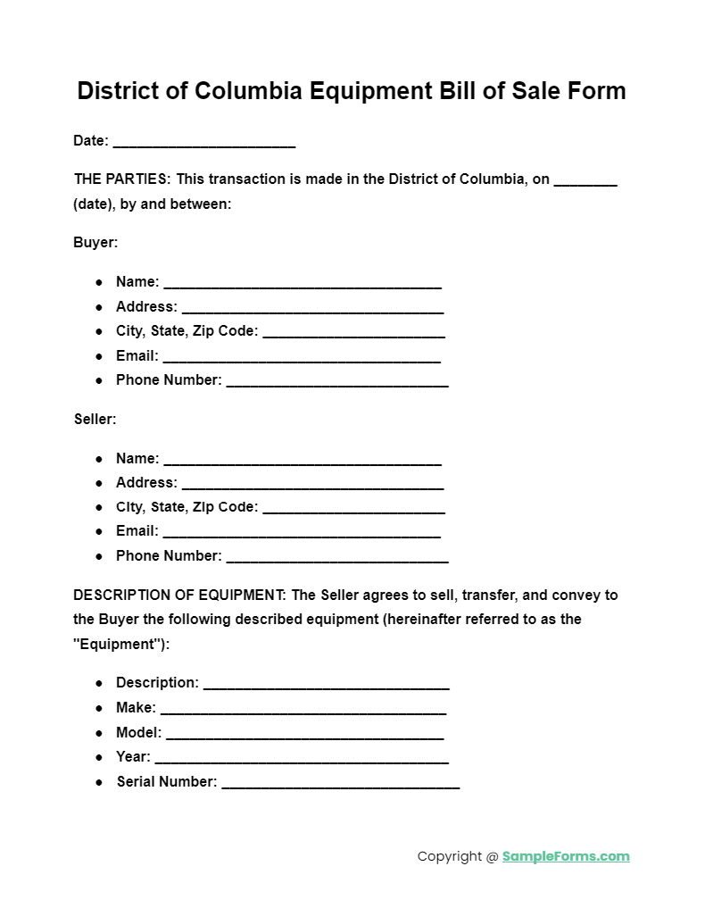 district of columbia equipment bill of sale form