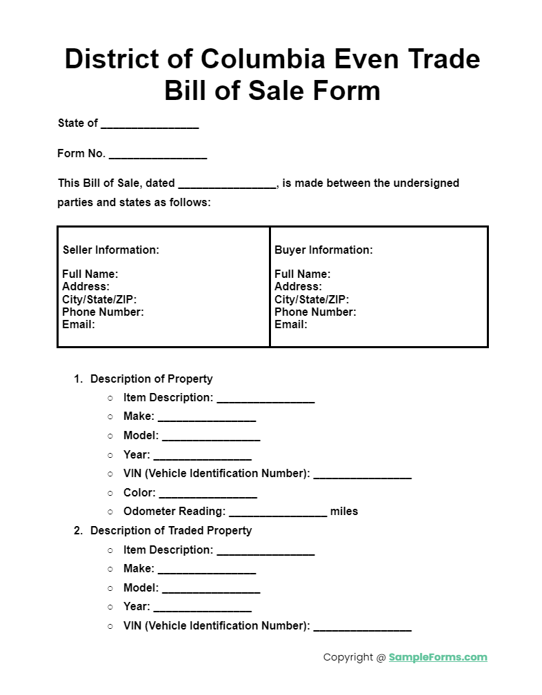 district of columbia even trade bill of sale form