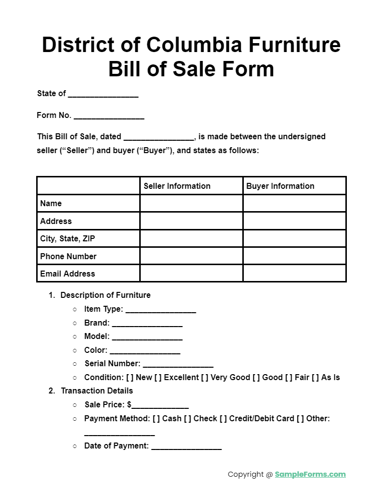 district of columbia furniture bill of sale form