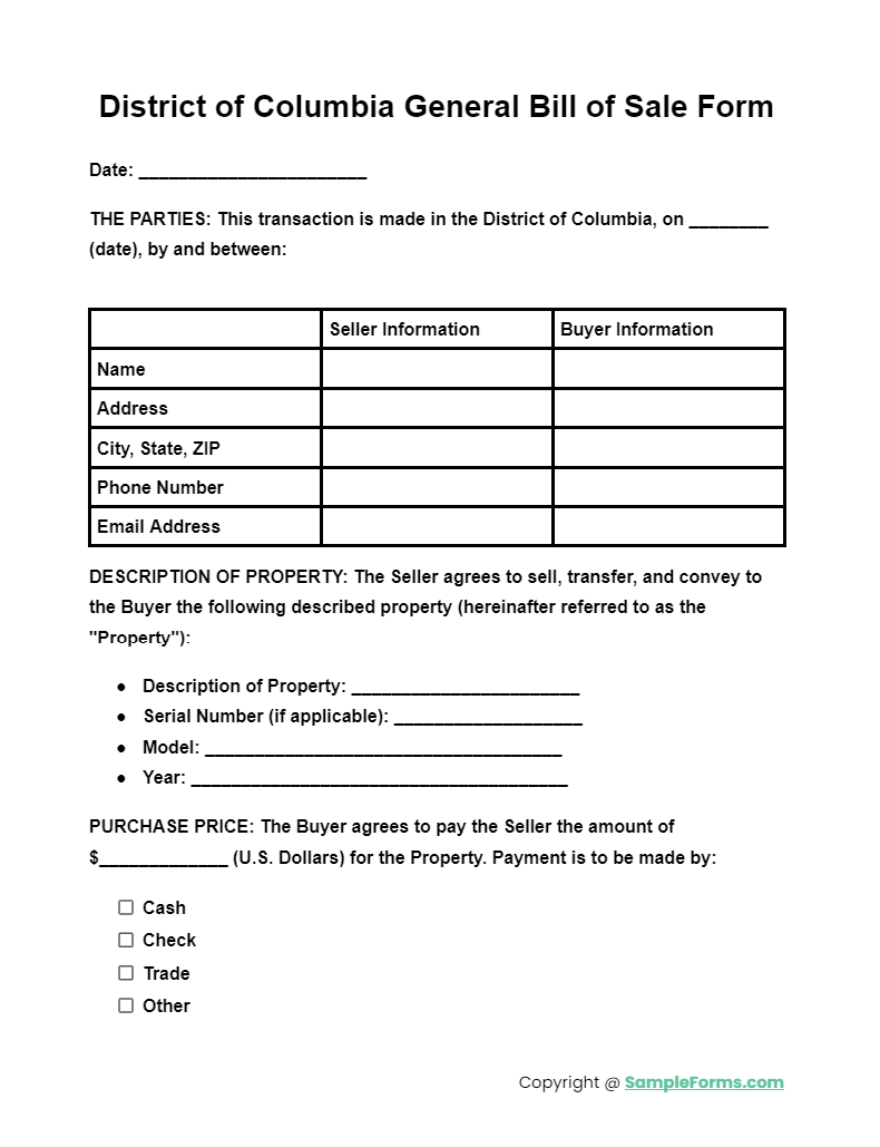 district of columbia general bill of sale form