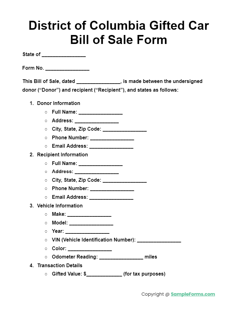 district of columbia gifted car bill of sale form