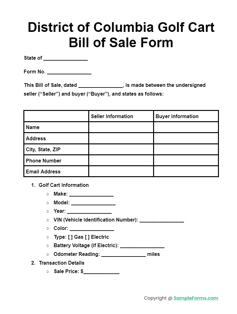 district of columbia golf cart bill of sale form