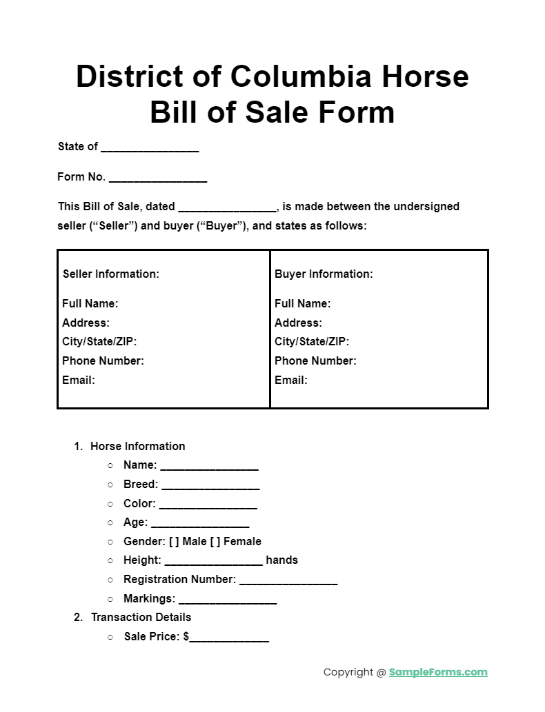 district of columbia horse bill of sale form