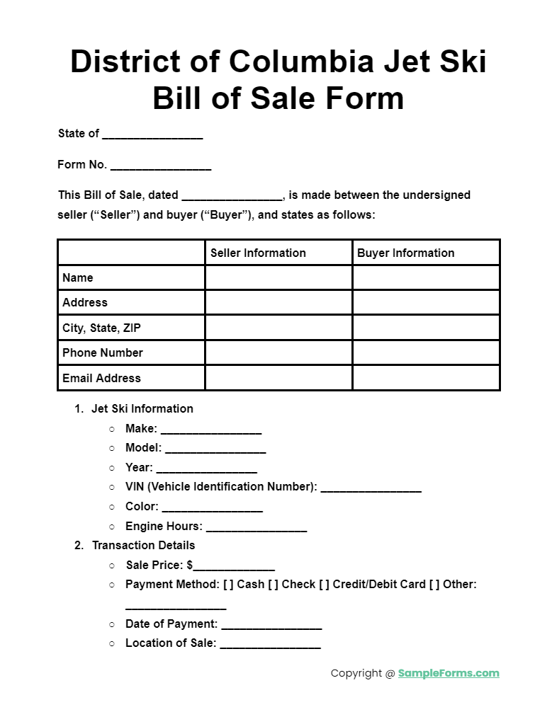 district of columbia jet ski bill of sale form