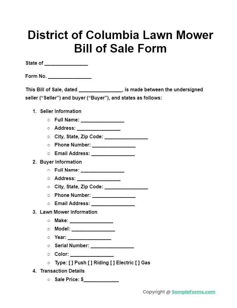 district of columbia lawn mower bill of sale form