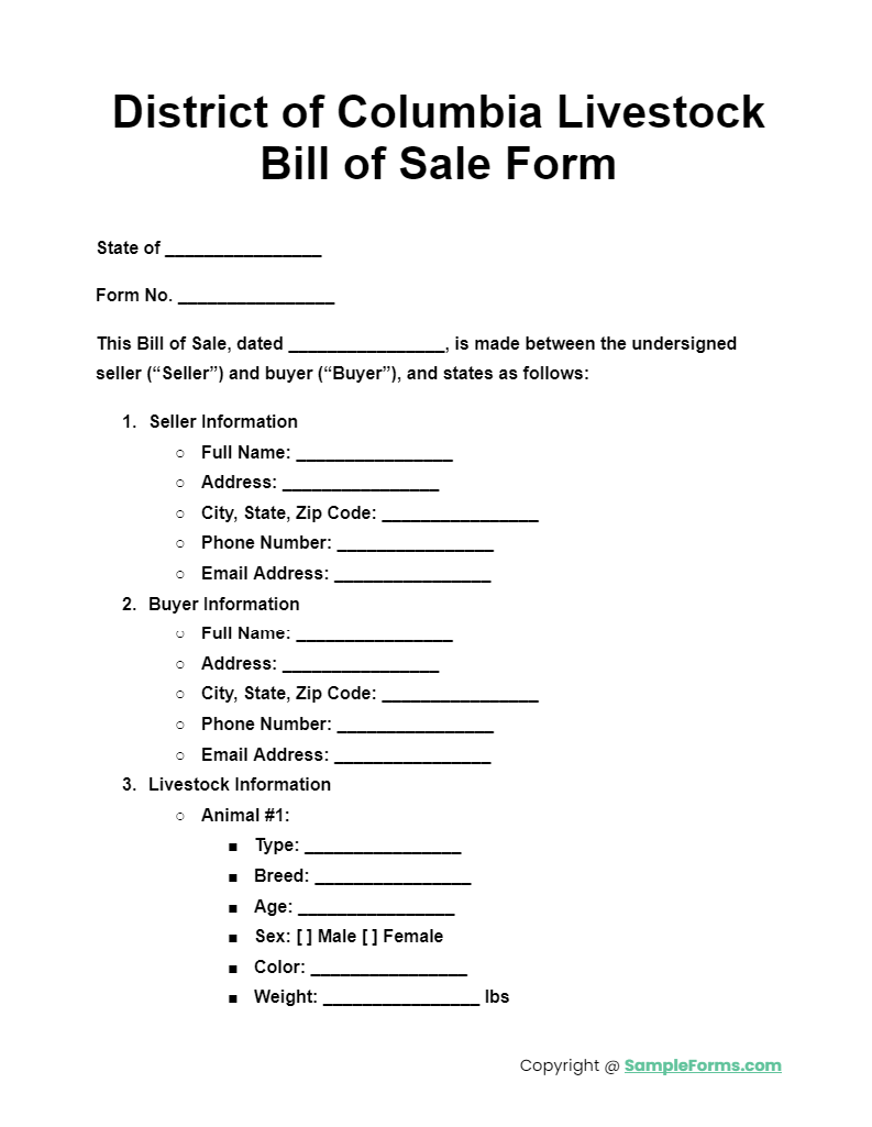 district of columbia livestock bill of sale form