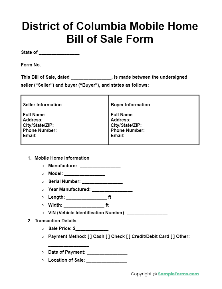 district of columbia mobile home bill of sale form