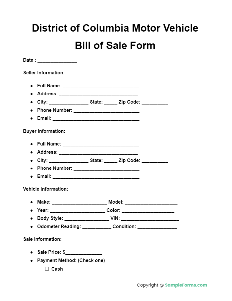 district of columbia motor vehicle bill of sale form