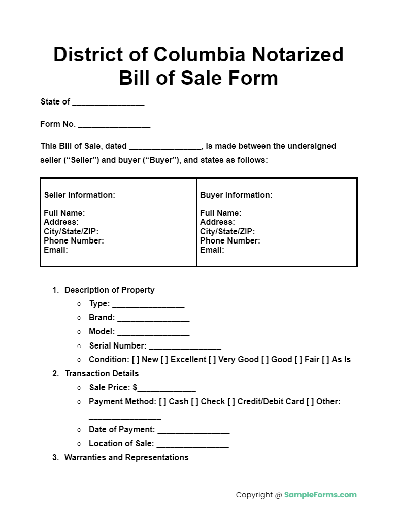 district of columbia notarized bill of sale form