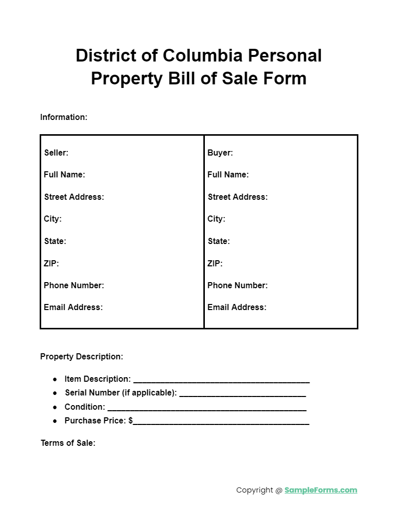 district of columbia personal property bill of sale form