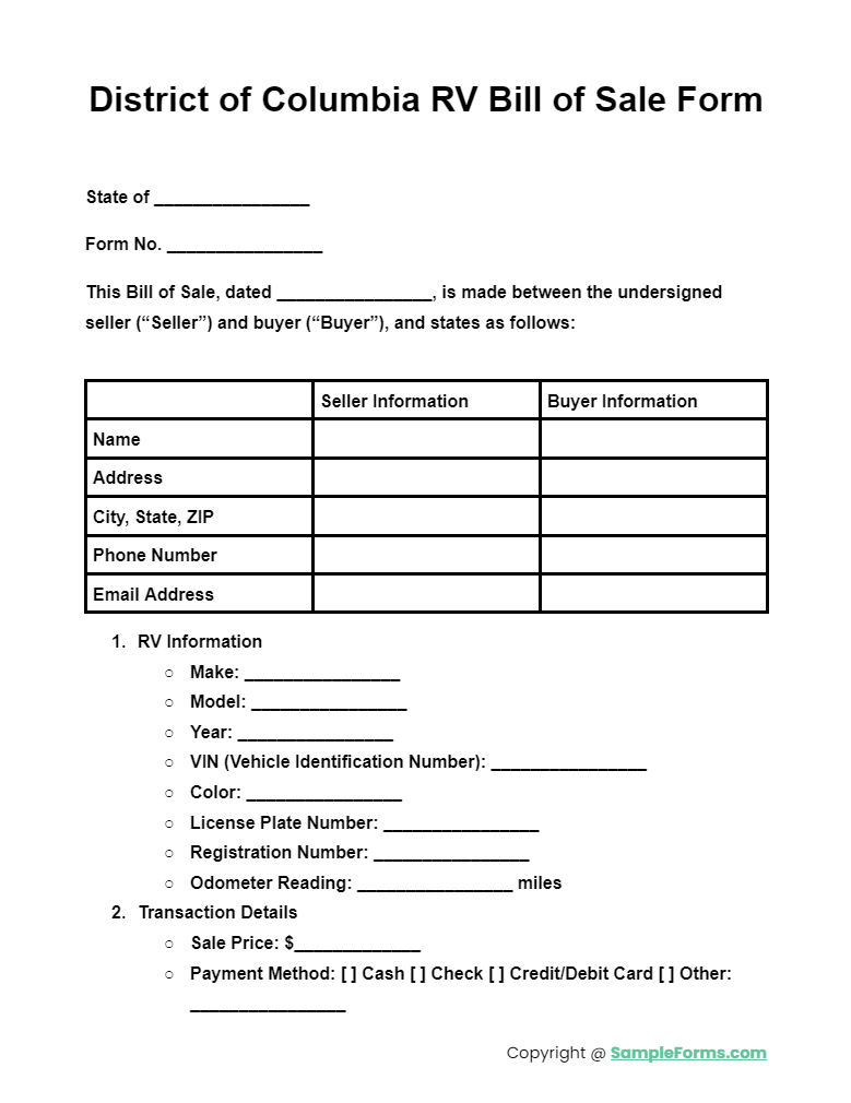 district of columbia rv bill of sale form