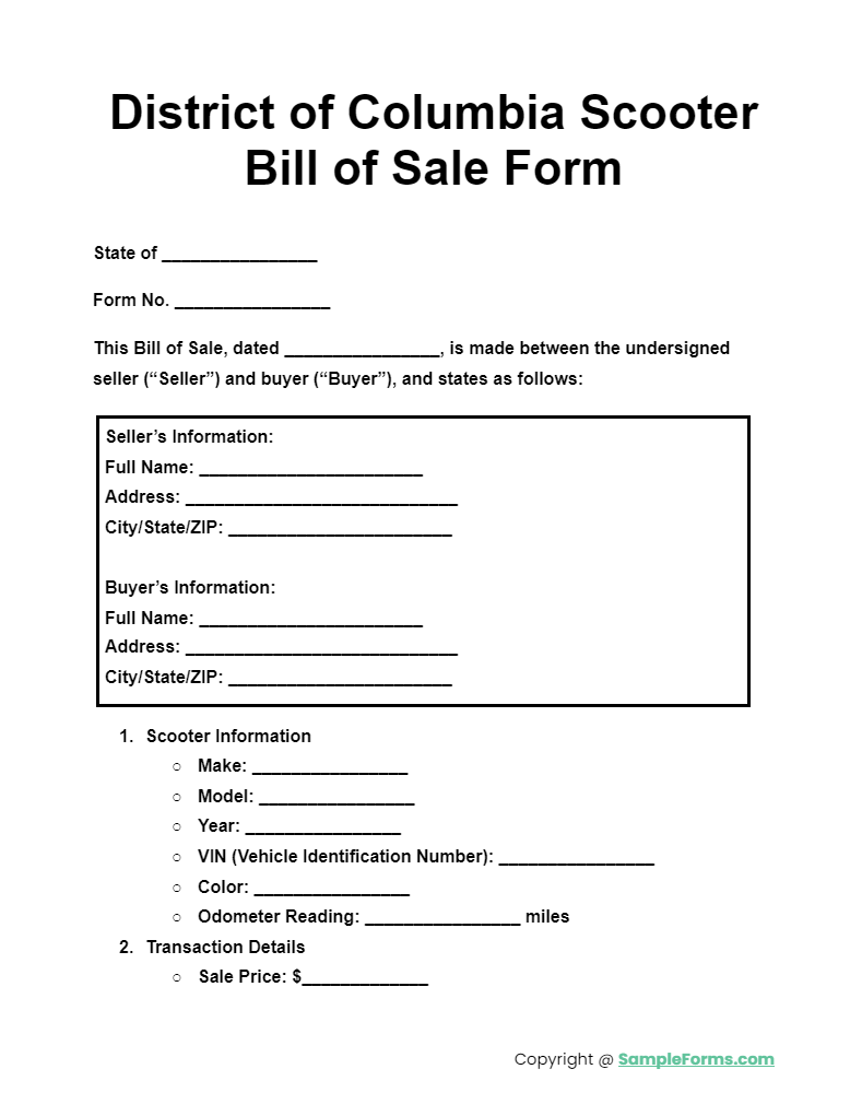 district of columbia scooter bill of sale form