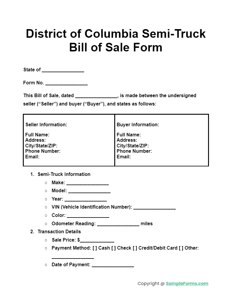 district of columbia semi truck bill of sale form