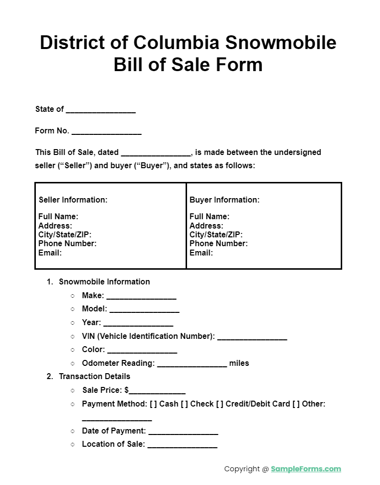 district of columbia snowmobile bill of sale form