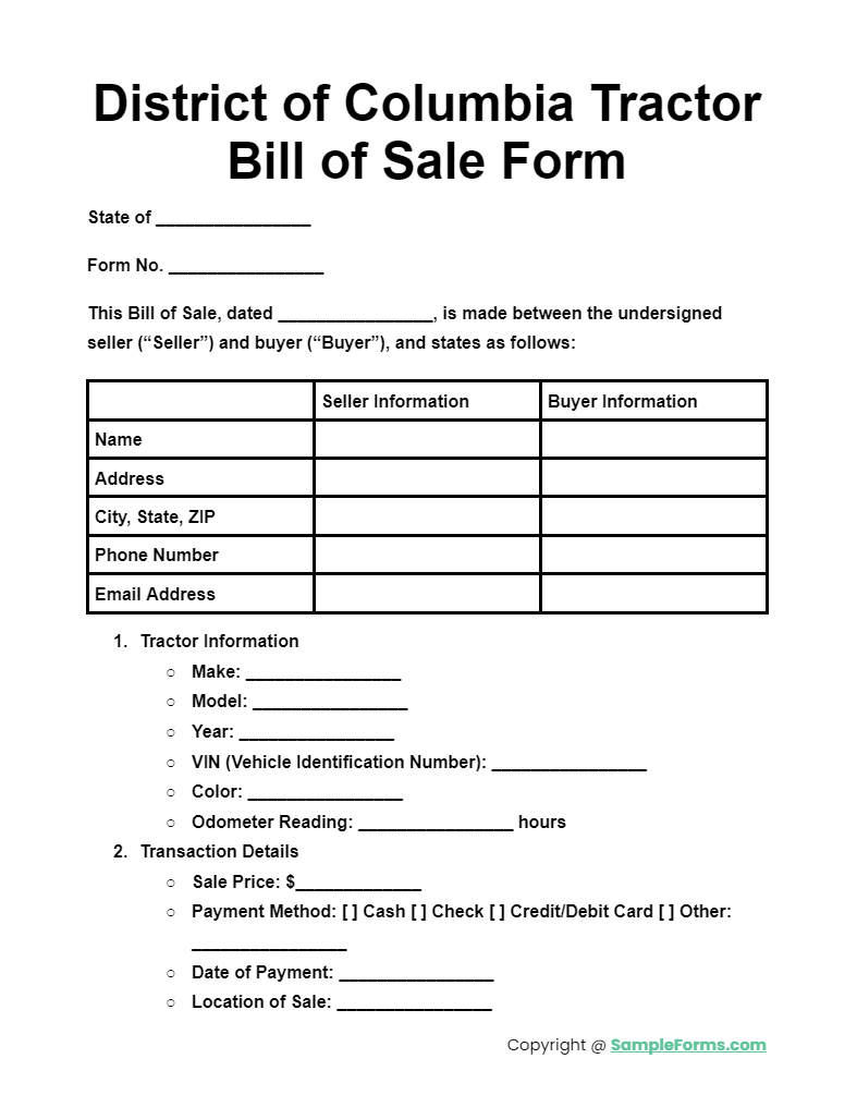 district of columbia tractor bill of sale form