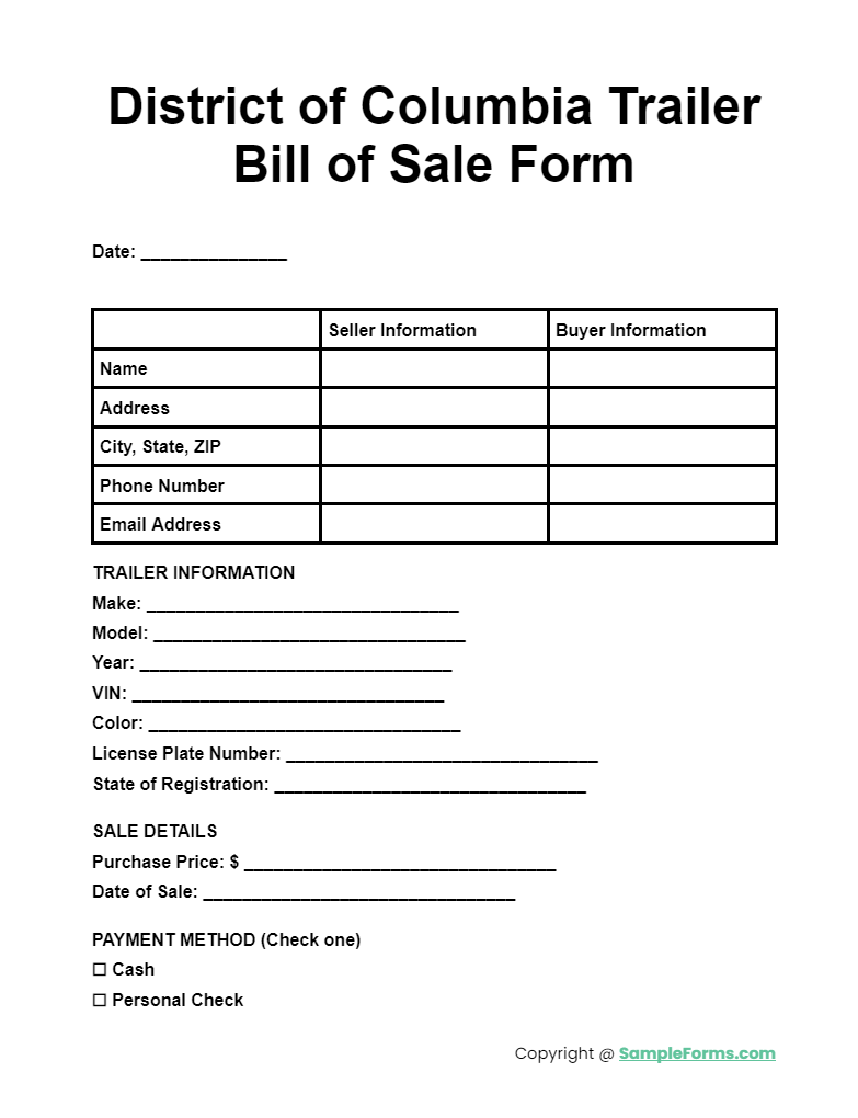 district of columbia trailer bill of sale form