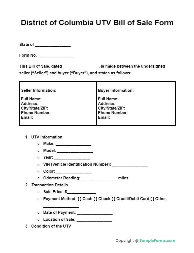 district of columbia utv bill of sale form