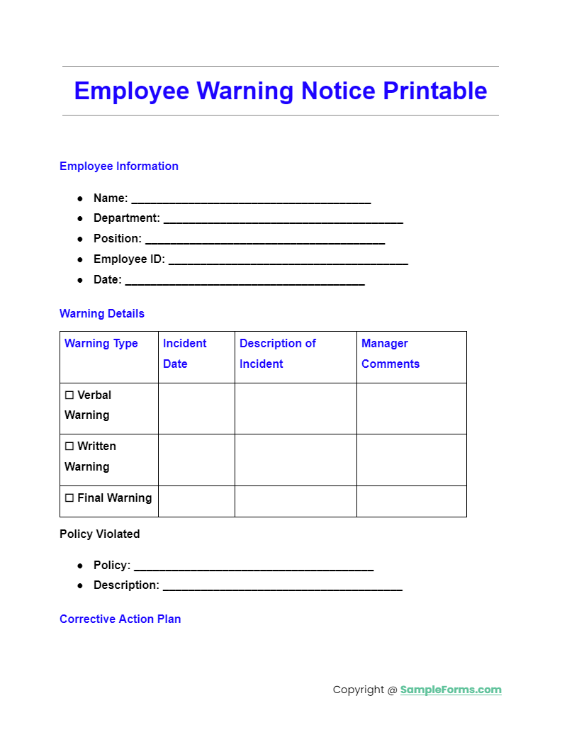 employee warning notice printable