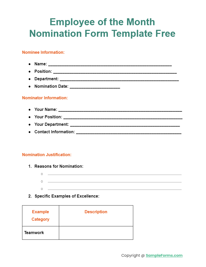 employee of the month nomination form template free