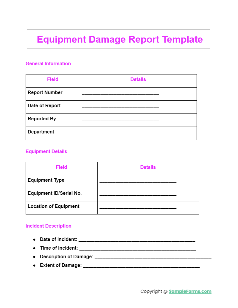 equipment damage report template