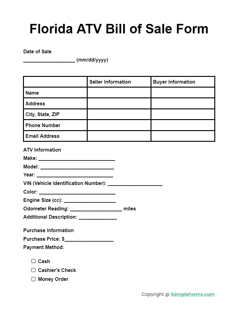 florida atv bill of sale form