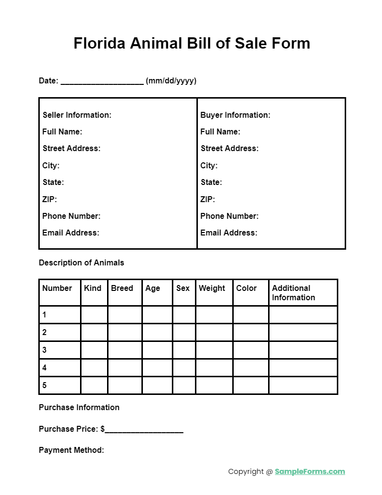 florida animal bill of sale form