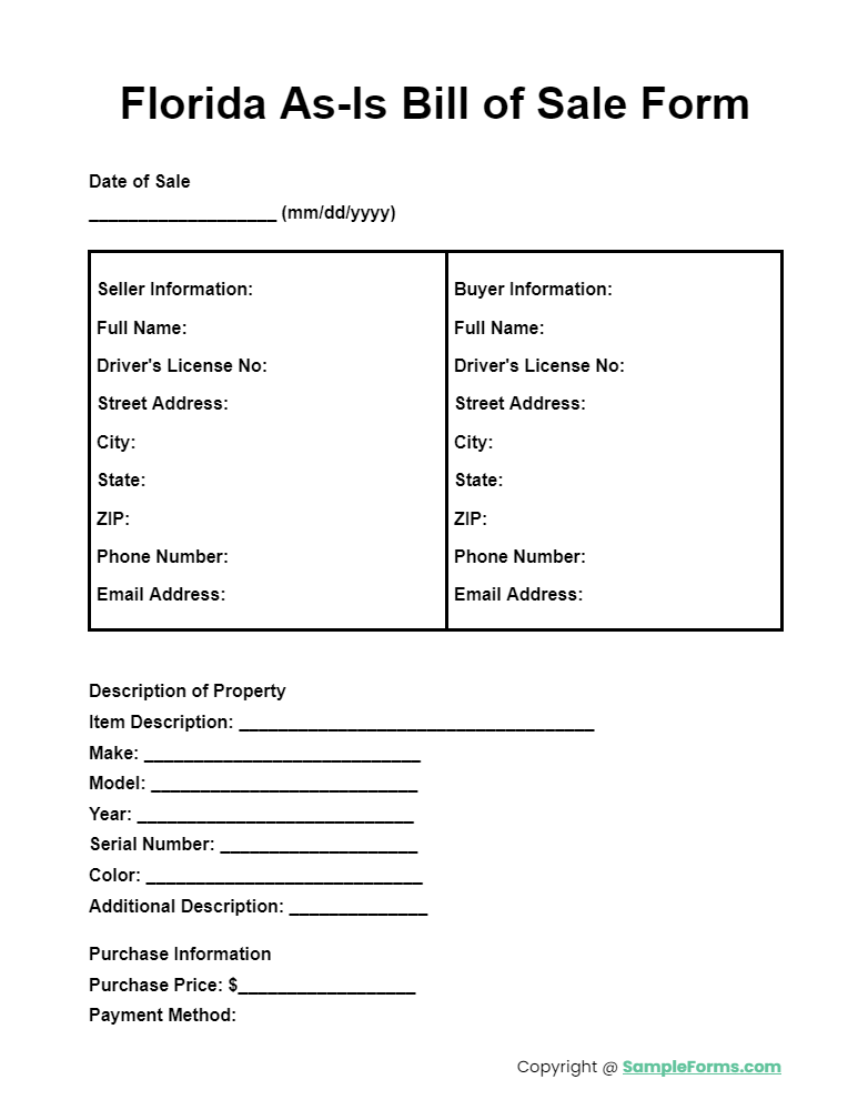 florida as is bill of sale form