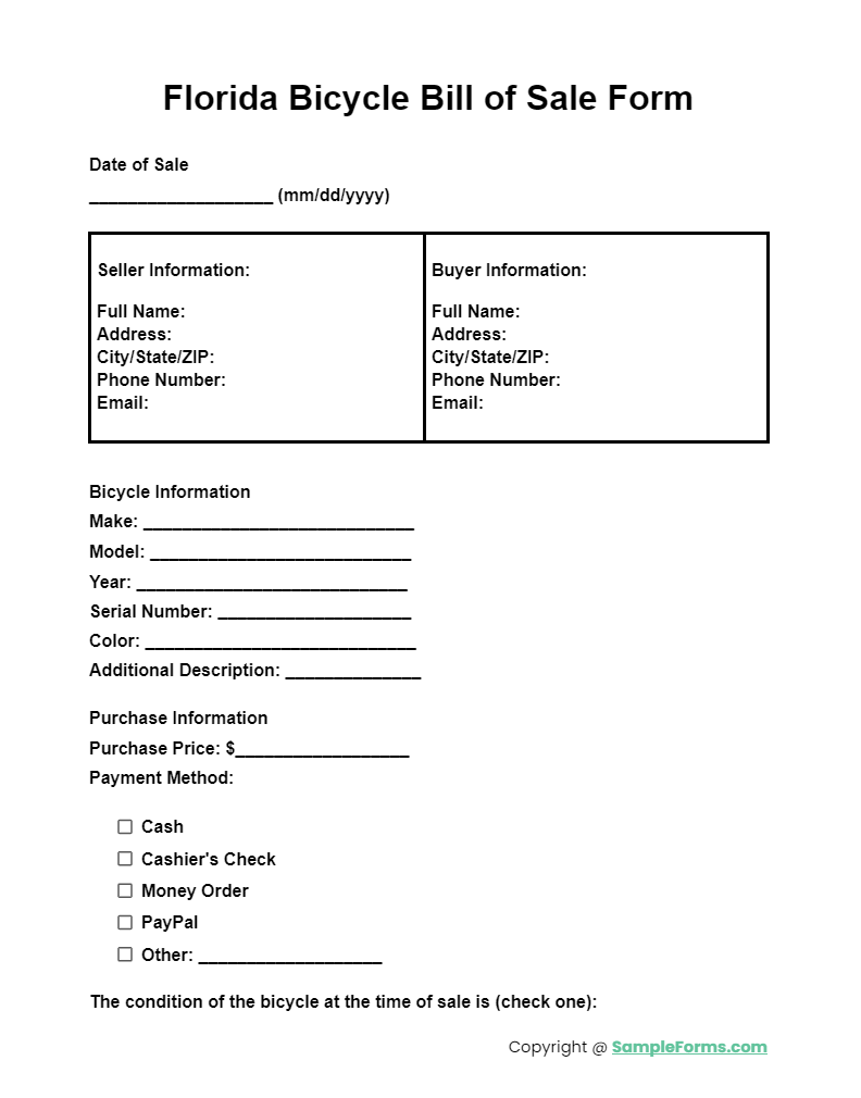 florida bicycle bill of sale form