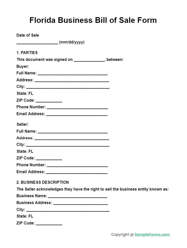 florida business bill of sale form