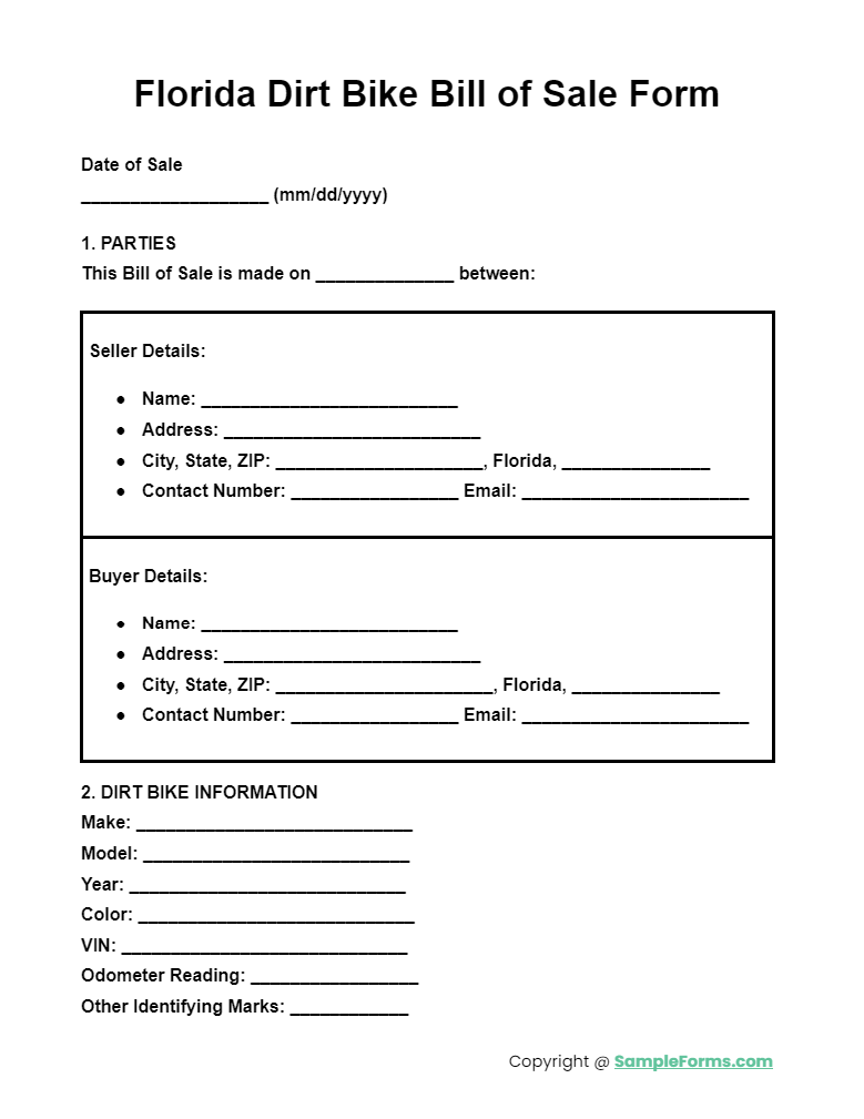 florida dirt bike bill of sale form