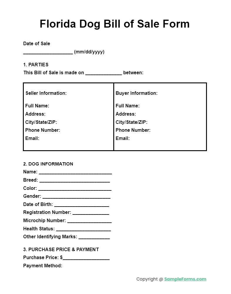 florida dog bill of sale form