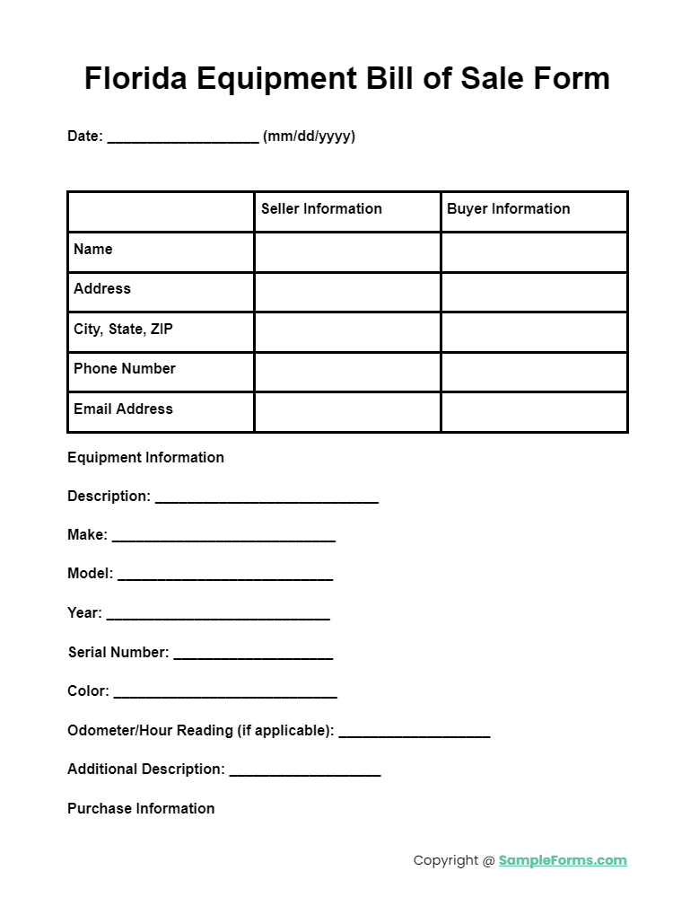 florida equipment bill of sale form