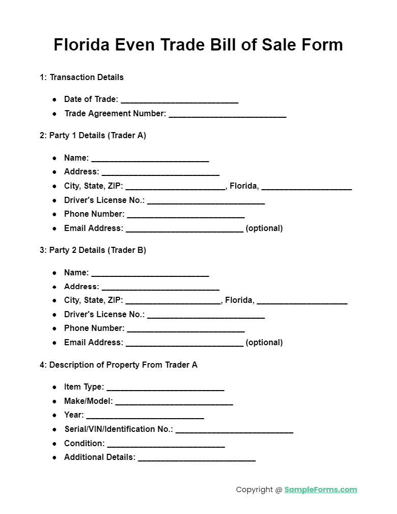 florida even trade bill of sale form