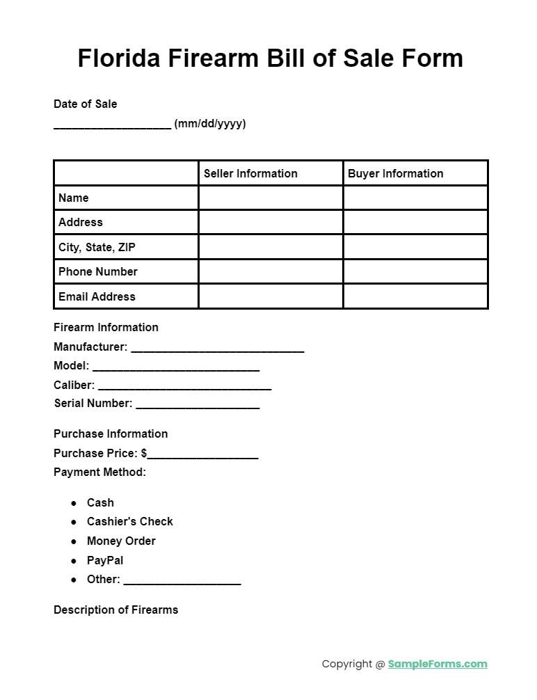 florida firearm bill of sale form