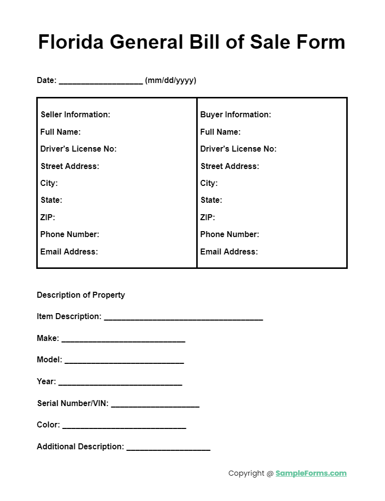 florida general bill of sale form