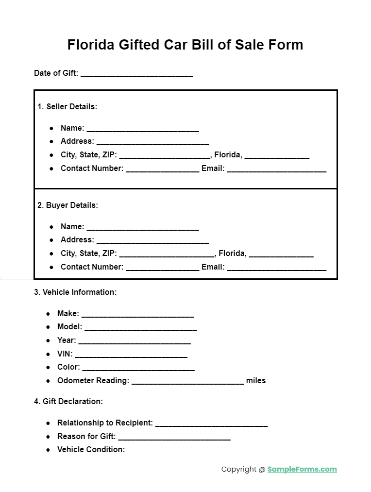 florida gifted car bill of sale form