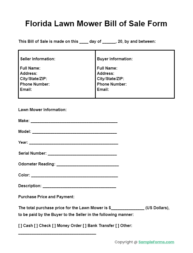 florida lawn mower bill of sale form