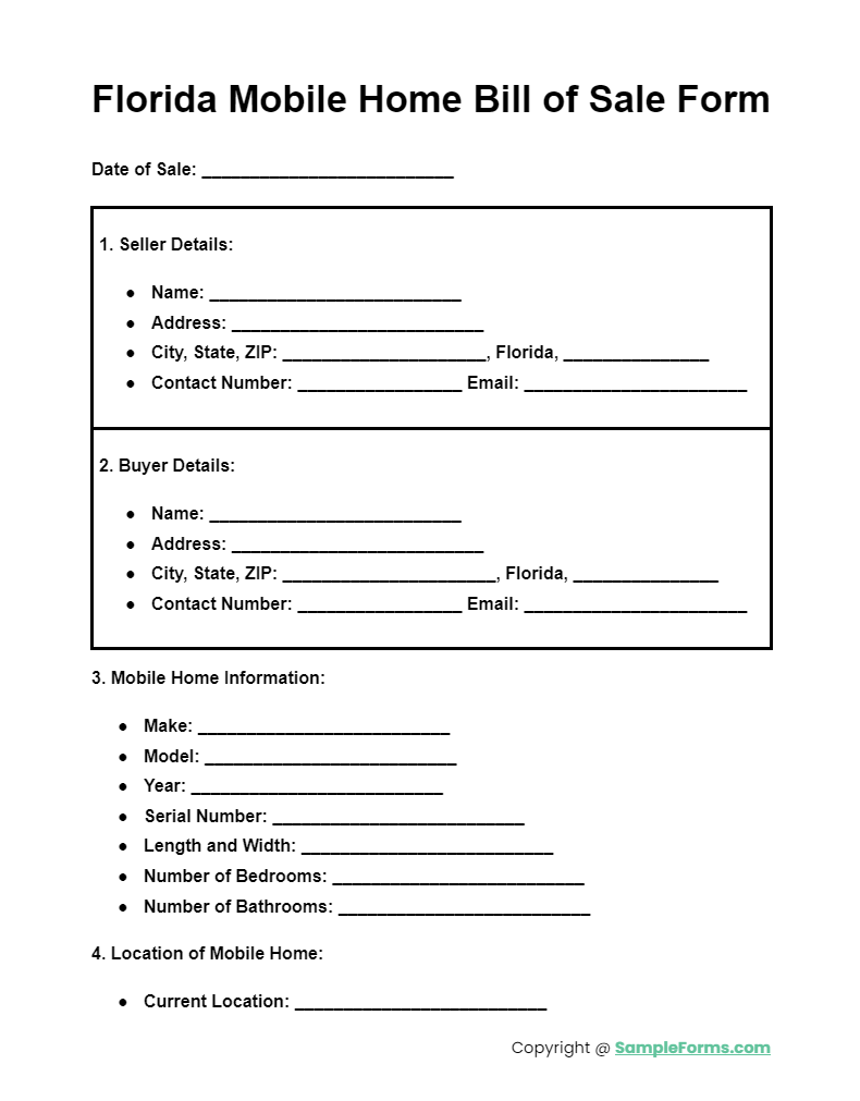 florida mobile home bill of sale form