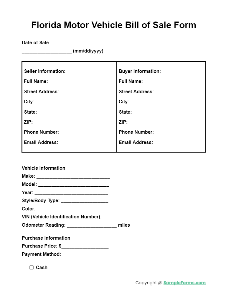 florida motor vehicle bill of sale form