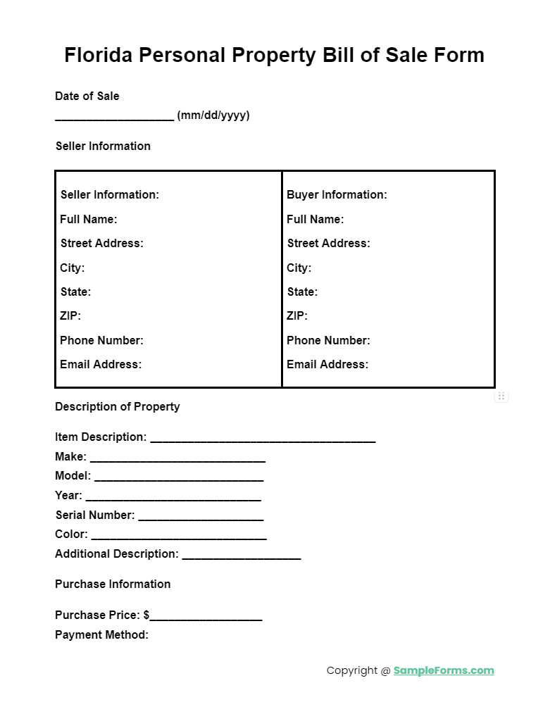 florida personal property bill of sale form