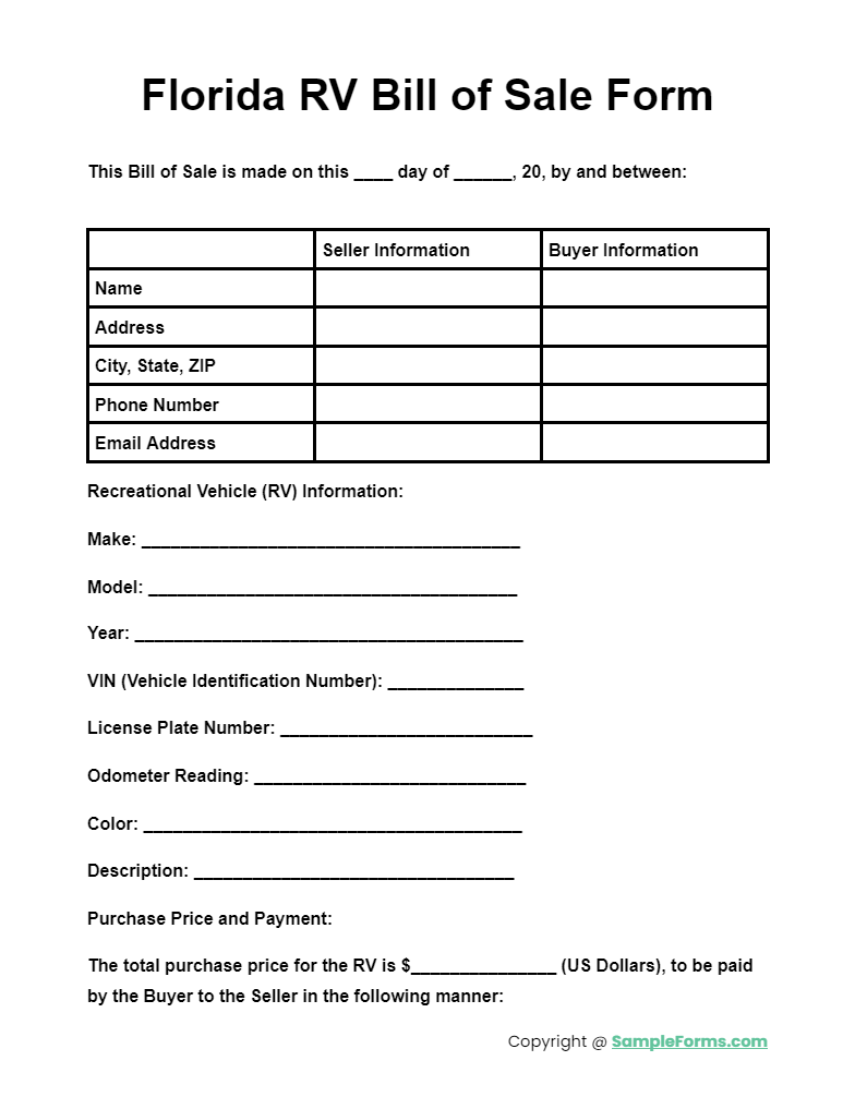 florida rv bill of sale form