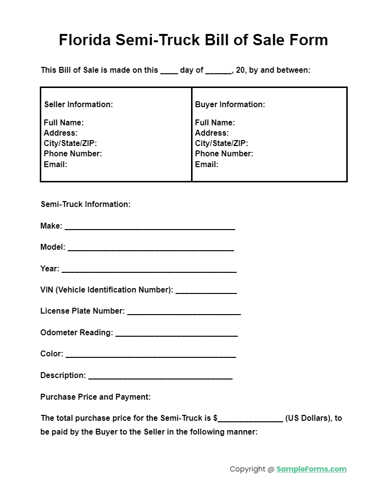 florida semi truck bill of sale form