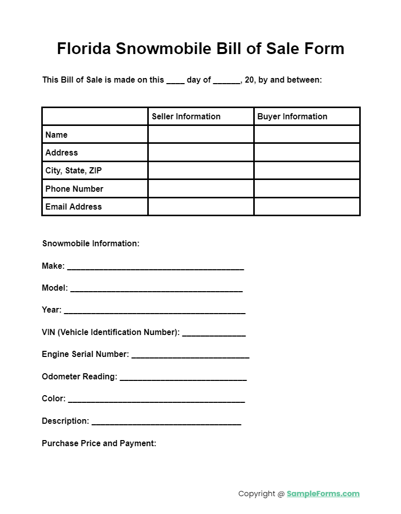 florida snowmobile bill of sale form