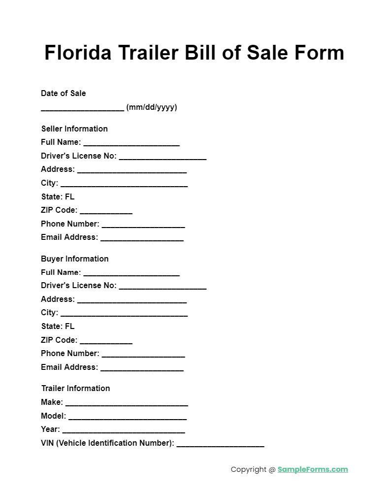 florida trailer bill of sale form