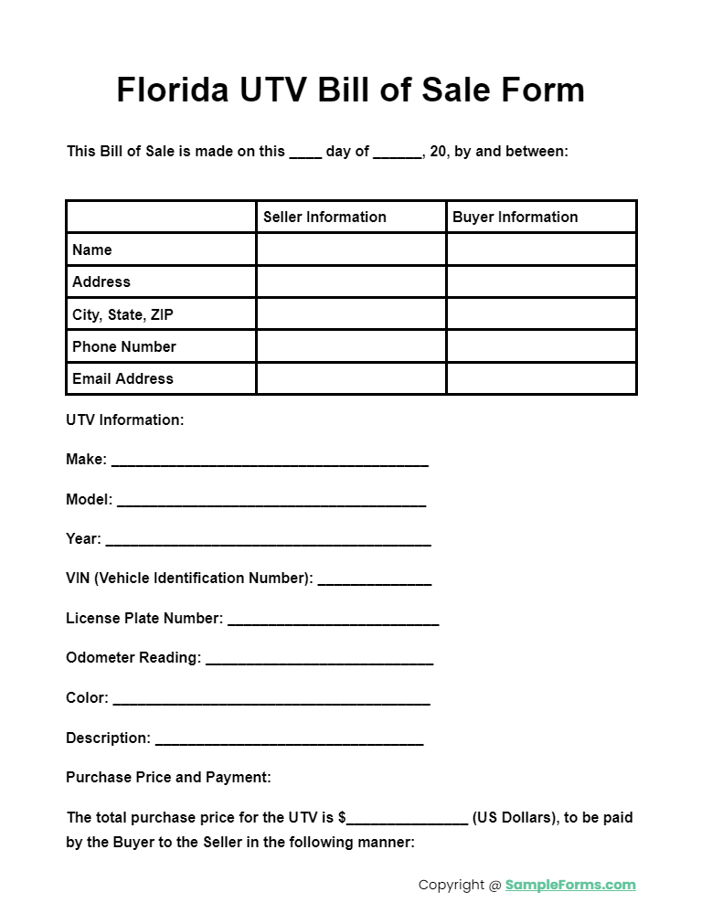 florida utv bill of sale form