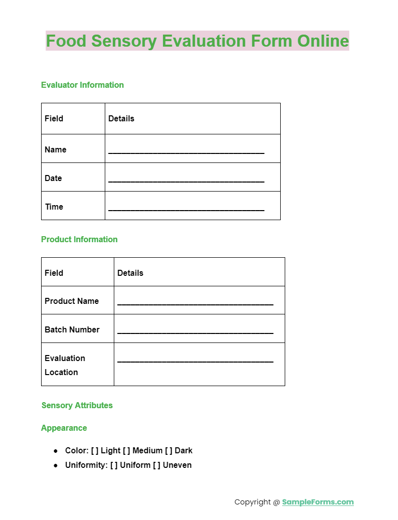 food sensory evaluation form online