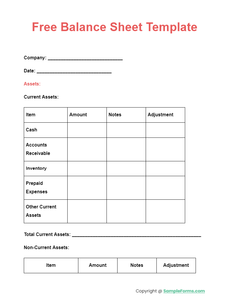 free balance sheet template