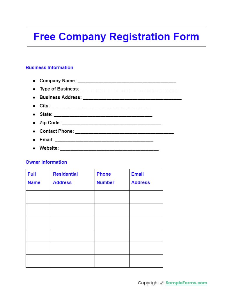 free company registration form